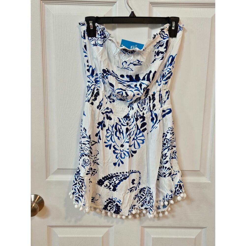 Cupshe Strapless Blue White Floral Romper Cover Up Pom Trim Size Medium NWT